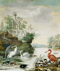 Schwäne, ein Löffler, eine Stockente, eine Pfeifente und andere Enten an einem Fluss unterhalb einer Ruine, 1694