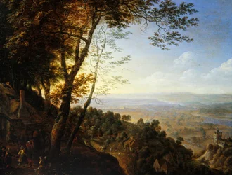 Waldlandschaft mit Bauern bei einer Hütte