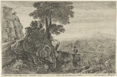 Landschaft mit einem Gebäude auf einem Felsen