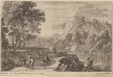 Reisende auf der Straße links von einem Bach