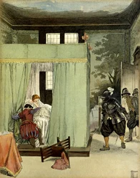 Ein protestantischer Gentleman findet Zuflucht im Bett von Marguerite de Valois, Königin von Frankreich, bekannt als Königin Margot (1553-1615) am Tag des Heiligen Bartholomäus am 24. August 1572. Illustration von Hermann Vogel (1856-1918) in „Henri IV“