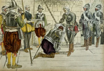 Charles II. de Cossé Brissac (1562-1621 oder 1626) wurde von Heinrich IV. (1553-1610) zum Marschall von Frankreich ernannt, bevor er am 22. März 1594 in Paris eintrat. Der Prévôt der Kaufleute Jean Lhuillier (?) steht daneben und hält die Schlüssel der Sta