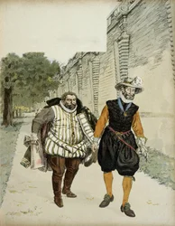 Heinrich IV. (1553-1610) und Charles de Lorraine, Herzog von Mayenne (1554-1611). Erstes Versöhnungsgespräch zwischen den beiden Feinden, Mayenne, dem Anführer der Ligueurs, und dem König, in den Gärten des Château de Montceaux in der Brie im Jahr 1596.