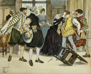 Das Attentat Jean Châtels (1575-1594) vom 27. Dezember 1594, der während einer königlichen Audienz das Hôtel von Gabrielle d