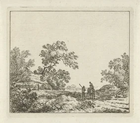 Landschaft mit Mann zu Fuß und Frau zu Pferd