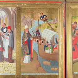 Der heilige Nikolaus rettet ein Schiff, vom Hochaltar der St. Nikolaus Kirche, 1481 (Detail)