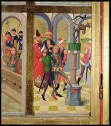 Der heilige Viktor von Marseille zerstört das heidnische Idol, vom Hochaltar der St. Nikolaus Kirche, 1481 (Detail)