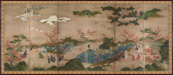 Die Zuschauer der Ahornbäume - Sechsteiliges Paravent - Werk von Kano Hideyori (aktiv 1565-1576), Aquarell und Tinte auf Papier - Japanische Kunst