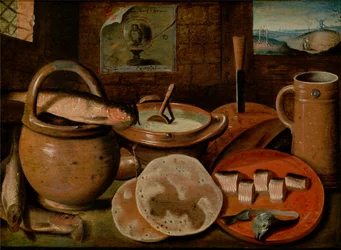 Stilleben mit einem armen Mahl aus Brei, Käse, Hering und Pfannkuchen