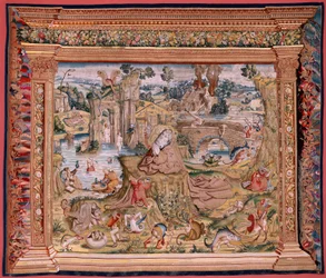 Flämischer Wandteppich. Serie Vier Wandteppiche nach Hieronymus Bosch. Heiliger Antonius im Gebet. Zweiter Wandteppich der Serie. Modell Inspiriert von der Arbeit von Hieronymus Bosch. Herstellung Unbekannte Werkstatt, Brüssel. Vor 1560