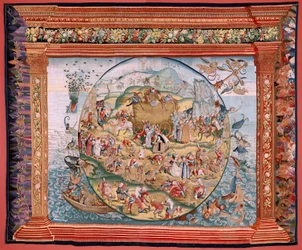 Flämischer Wandteppich. Serie Vier Wandteppiche nach Hieronymus Bosch. Die Leiden des menschlichen Lebens. Dritter Wandteppich der Serie. Modell Inspiriert von der Arbeit von Hieronymus Bosch. Herstellung Unbekannte Werkstatt, Brüssel. Vor 1560