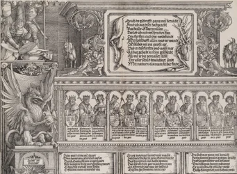 Der obere Abschnitt des rechten Portals, mit der Inschrift auf einer Hirschhaut, ein Fries mit ..., 1515