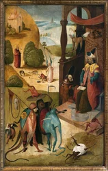 Sankt Jakobus der Ältere und der Magier Hermogene. Gemälde von Hieronymus Van Aeken (Aken) genannt Jerome Bosch (1450-1516), Öl auf Holz
