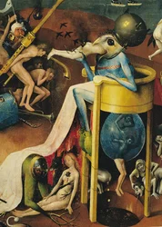 Der Garten der Lüste: Die Hölle, rechter Flügel des Triptychons, Detail des blauen Vogelmenschen auf einem Hocker, um 1500 (Detail von 3425)