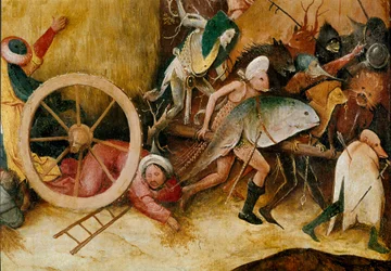 Der Heuwagen oder das Heu-Triptychon (Heukarren): Detail der Mitteltafel. Monsterfiguren, anthropomorphe Gestalten und ein Mann, der unter einem Rad zerquetscht wird. Hieronymus van Aeken (Aken), genannt Hieronymus Bosch (1450-1516)