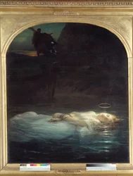 Die junge Märtyrerin. Der Leichnam einer jungen christlichen Märtyrerin mit einem Heiligenschein treibt auf einem Gewässer. 1855. 1,7 x 1,48 m. Paris, Musée du Louvre.