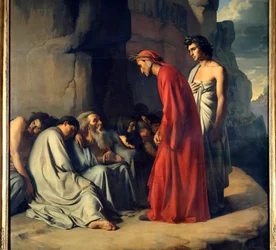 Dante und Vergil in der Hölle oder Der von Vergil geführte Dante spendet den Seelen der Neidischen Trost. Illustration der Hölle aus der „Göttlichen Komödie“ (Divina Comedia) von Dante Alighieri (1265-1321). Gemälde von Hippolyte Flandrin (1809-1864), 19.