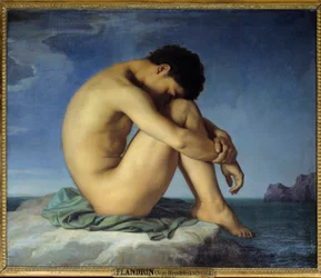 Junger nackter Mann, am Meer sitzend. Denker in zurückgezogener Haltung (Selbstbetrachtung). 1836. 0,98 x 1,24 m - Junger nackter Mann, am Rand des Meeres sitzend. Denker in einer fötalen Schlafhaltung des prot