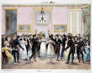 Gesellschaftsball in Paris im Geschäft von Crayons Conte, Place du Palais Royal im Februar 1819 (Lithographie von Hippolyte Lecomte)
