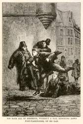 Sein Haar völlig zerzaust, ohne Hut, Fußgänger umwerfend, rannte er weiter, aus 