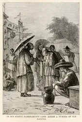 Bei seinem Spaziergang stieß Passepartout auf eine Reihe alter Einheimischer, aus In 80 Tagen um die Welt von Jules Verne (1828-1905), graviert von Adolphe François Pannemaker (1822-1900), 1873