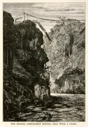Die Brücke, völlig zerstört, stürzte mit einem Krachen ein, aus In 80 Tagen um die Welt von Jules Verne (1828-1905) graviert von Louis, 1873