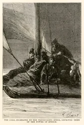 Die Kälte, verstärkt durch die enorme Geschwindigkeit, beraubte sie der Sprachkraft, aus In 80 Tagen um die Welt von Jules Verne (1828-1905) graviert von Adolphe François Pannemaker (1822-1900)