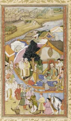Daud erhält ein Ehrengewand von Munim Khan, Illustration aus dem Akbarnama, ca. 1604