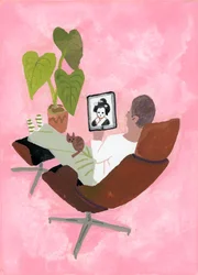 Ein Mann beobachtet ein Geisha-Mädchen auf dem iPad