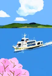 Touristenboot und Kirschblüte