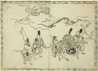 Narihiras Reise in den Osten, aus dem illustrierten Buch "Panorama der Gemälde auf Paravents und Hängerollen (Byobu kakemono ekagami)"