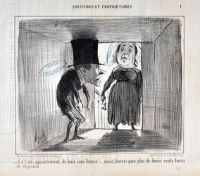 Werk von Honore Daumier (1854): Serie TENNIQUES AND OWNERS „Das!... eine Wohnung für achthundert Francs!... aber ich werde mehr als zwölfhundert Francs für Hüte ausgeben“