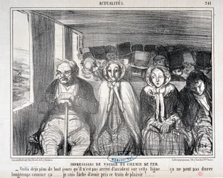 Werk von Honore Daumier (1808-1879) Charivari aus dem Jahr 1855: Serie Actualites de voyage en railroad - „Hier ist mehr als acht Tage, dass es keinen Unfall auf dieser Strecke gegeben hat... es kann nicht lange so bleiben... Es tut mir leid, diesen Zug ge