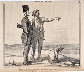 Werk von Honore Daumier (1808-1879) Charivari stammt aus dem Jahr 1857: Serie Skizzen der Jagd - Halt... ich habe einen Hafen gesehen, der dort war... - Ist das schon lange her? MUSEUM DER SCHÖNEN KÜNSTE - PALAST LONGCHAMP, MARSEILLE