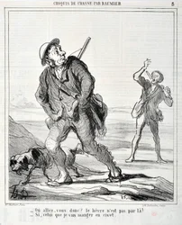 Werk von Honore Daumier (1864): Serie Sketch de Chasse „Wohin geht er? Der Hase ist nicht dort entlang! - Wenn der, den ich im Civet essen werde“