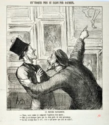 Charivari von 1865: Serie Sketches Taken at the Salon. Ein skurriler Maler. Hier, sehen Sie, wie ich die Apotheose eines Märtyrers verstehe... Aber ich sehe nur die beiden Füße Ihrer Person. - Der Kopf ist bereits im Himmel. MUSEE DES BEAUX ARTS - PALAIS L