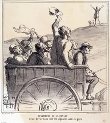 Karikatur über Jäger. Serie Herbstskizze: Eröffnung der Jagd, zwei Rebhühner wurden auf dem Land gesichtet, aus der Zeitung Le Charivari