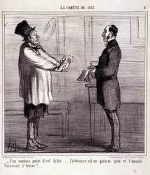 Karikatur über Wissenschaft. Serie „Der Komet von 1857“: „Ich will kein Ticket...“. Gravur von Honoré Daumier (1808-1879). Auszug aus der Zeitung „Le Charivari“ vom 4. März.