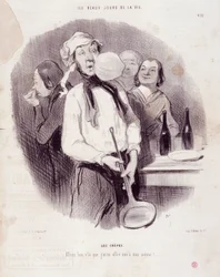 Karikatur eines ungeschickten Mannes. Serie „Die schönen Tage des Lebens“: „Die Crêpes...“