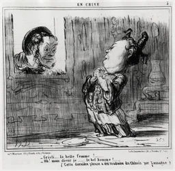 Christi, die schöne Frau! ; „Oh! Gott, ich... Der schöne Mann!“ (Dieser letzte Satz wurde von Lassagne aus dem Chinesischen übersetzt.), in der Serie En Chine, Illustration von Honore Daumier (1808-1879), veröffentlicht in „Charivari“