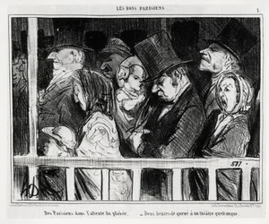 Gute Pariser: Pariser warten auf Spaß, zwei Stunden Schlange vor einer Art Theater. Illustration von Honoré Daumier (1808-1879), veröffentlicht in Charivari, datiert 5. März