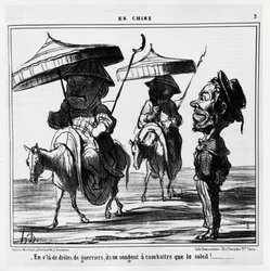 Diese lustigen Krieger denken nur daran, die Sonne zu bekämpfen. In der Serie En Chine, Illustration von Honore Daumier (1808-1879), veröffentlicht in „Charivari“, datiert 8. Januar