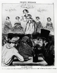 Musikalische Skizzen: auf den Champs Elysees wusste man nie, ob es die Musik ist, die das Bier durchlässt, oder das Bier, das die Musik schluckt. Illustration von Honore Daumier (1808-1879), veröffentlicht in „Charivari“, datiert 12. Februar 1852