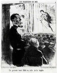 Pariser im Jahr 1852: ein Pariser bleibt dem Kult der Tragödien treu. Illustration von Honoré Daumier (1808-1879), veröffentlicht in Charivari, datiert 26. Januar 1852