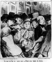 Das Publikum der Show. Ein Tag, an dem man nicht bezahlt. Fünfundzwanzig Grad Hitze, aus „Gemälde und Salons“, Karikaturenserie von Honore Daumier (1808-1879). „Charivari“