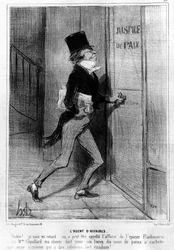 Der Geschäftsmann. Teufel! Ich bin spät... wir haben vielleicht den Fall des Lebensmittelhändlers Flachonneau aufgerufen, dem Mademoiselle Coquillard, meine Klientin, für sechs Pfund zehn Tassen Brot schuldet, um eine junge Person zu versiegeln, die sehr l