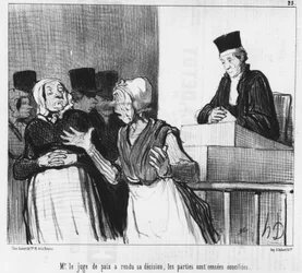 Der Friedensrichter hat seine Entscheidung getroffen, die Parteien sollen versöhnt sein..., Karikatur von Honore Daumier (1808-1879). „Charivari“