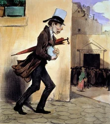 Die Sparsamkeit bringt ihre Ersparnisse zur Sparkasse. Lithographie von Honore Daumier