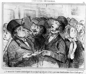Dieser Herr Courbet macht viel zu vulgäre Figuren, es gibt niemanden in der Natur, der so hässlich ist!... , aus „Gemälde und Salons“, Karikaturenserie von Honore Daumier (1808-1879). „Charivari“