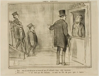 „- Aber Sie sagten mir, dass Kinder in diesem Haus nicht erlaubt sind... - Herr, das sind keine Kinder... sie sind die Söhne des Besitzers!...“, Platte 23 aus Croquis Parisiens, - par Daumier